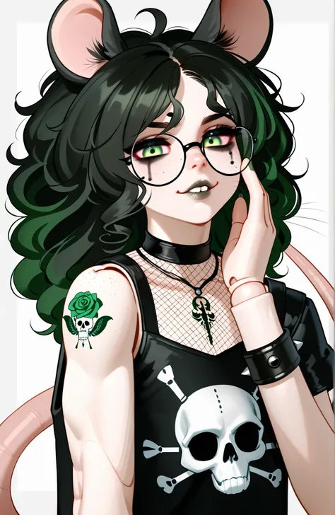(Tall male), (black big curly afro with green highlights), (Green streaks in hair), (green eyes), (glowing iris), (black choker), (black leather bracelets), (Viking jewelry), (Black Rose Tattoo on right shoulder), (Silver necklace with a green jade skull t...
