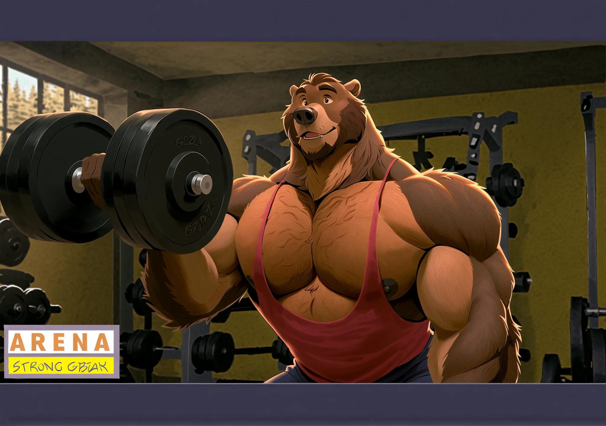 strong grizzly bear daddy,Brown fur,short brown hair and beard,Manly,Sit on the bench,holding two dumbbells in two hands,Only red tank top and gym shorts,Bright and tidy gym,window,weight equipments,bodybuilding, working out, More details, by Disney