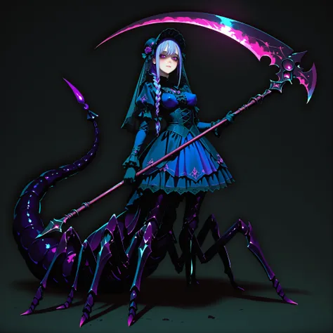Serket. Scorpion type Arachne Girl. Lavender colored hair. Single braid. Gothic dress. Purple and blue dress. Ruffles. Lace veil. Small gothic hat. Yandere eyes. Scythe. Holding a weapon. Perky breasts. Scorpion legs. Scorpion claws. Scorpion tail. Black c...