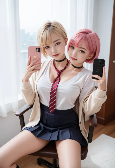 fullbody shot, realism, best resolution,different facial expressions, ,different haircolors, pink hair, blonde hair, big chest,2japanese women with two heads, conjoined, different face-shapes, different eyebrow thickness, different hair-lengths, wavy long ...