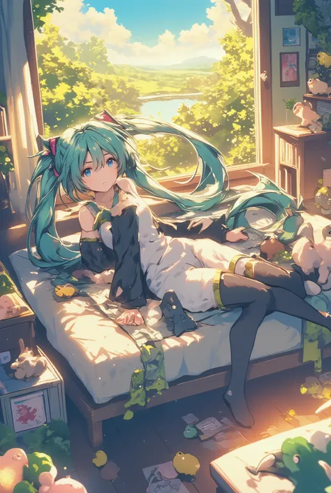 ( 傑作、 最高品質、 最高品質、公式アート、 美しく美しい :1.2) 初音ミク、薄緑のツインテール, 美しい胸, ( 背景は可愛い部屋です 、 が窓を開けるとすぐに、白いシートで覆われた 、 早朝, 明るい日差しが窓から差し込み、彼女の顔を照らす:1.5、(カエルがいくつかいます :1.5、いくつかの子犬 :1.5、 いくつかのウサギ :1.5、 数羽のひよこ :1.5))、(( ダイナミックなポーズ :1.5、 モーションブラー :1.5))、(( 一人の女の子:1.5)、(( ちび、 ...