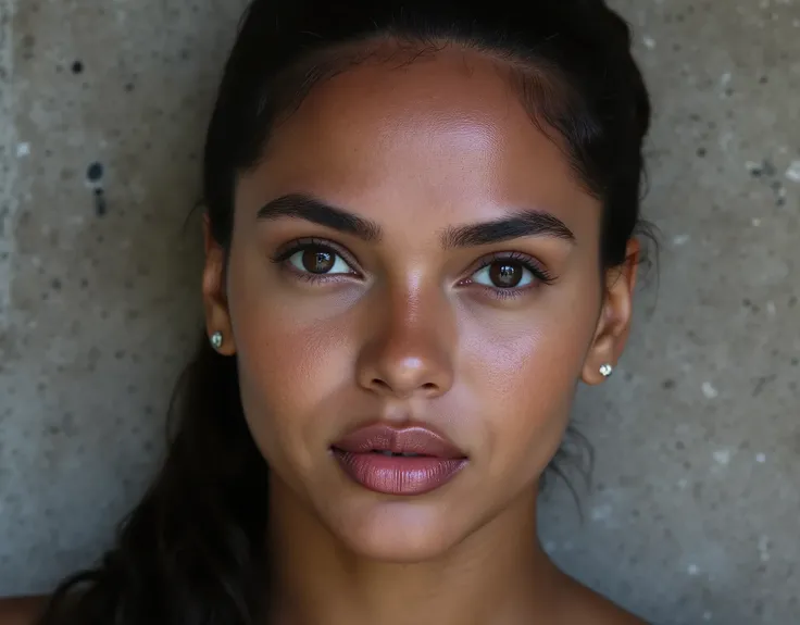 close up image of woman looking directly and intensely into the camera, her head slightly tilted down, intimidating, mischievous little smirk, piercing eyes, concrete background