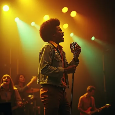 A hyper-realistic, cinematic color portrait of a 1970s soul singer mid-performance, standing on a smoky, dimly lit stage. The singer holds a vintage chrome rectangular microphone, similar to classic radio microphones, its metallic surface gleaming under wa...
