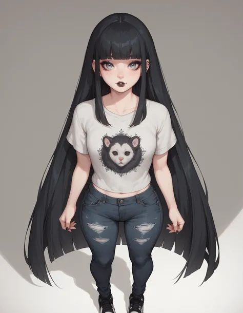 uma mulher. Long black hair with long fringe above the eyes, fair skin and black and gray eyes, she has a small dot under her right eye. She has a thin and tall body. She wears a gray blouse of the same eye color with short sleeves and dark jeans and black...
