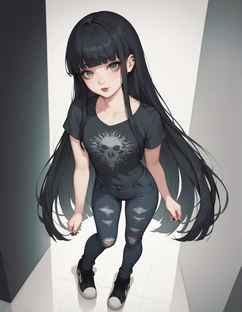 uma mulher. Long black hair with long fringe above the eyes, fair skin and black and gray eyes, she has a small dot under her right eye. She has a thin and tall body. She wears a gray blouse of the same eye color with short sleeves and dark jeans and black...