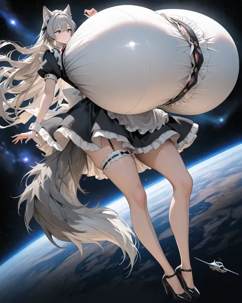 1woman, long hair, slim waist,maid costume,(((hyper gigantic breasts:1.75))),breasts larger than body,tall,mini giantess,long legs,japanese beautiful face,Gray Hair、Wolf ears、the tail of a wolf,space,