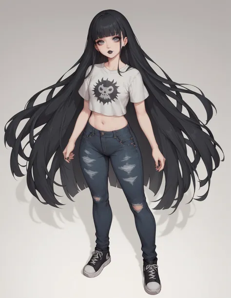 uma mulher. Long black hair with long fringe above the eyes, fair skin and black and gray eyes, she has a small dot under her right eye. She has a thin and tall body. She wears a gray blouse of the same eye color with short sleeves and dark jeans and black...