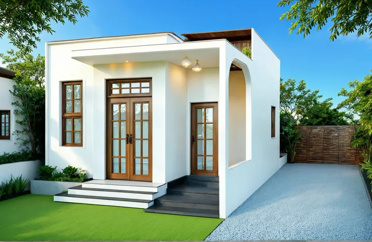 The house has 2 floors and 1 attic with a terrace. tall and narrow, modern design, steel gate and wooden details in harmonious color combination to flatter the eye. The outside is painted white, the front wall has many curves. Mix 6 outstanding colors w...