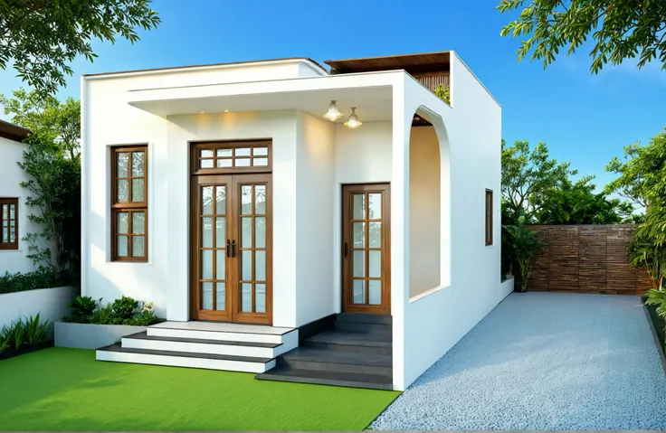The house has 2 floors and 1 attic with a terrace. tall and narrow, modern design, steel gate and wooden details in harmonious color combination to flatter the eye. The outside is painted white, the front wall has many curves. Mix 6 outstanding colors w...