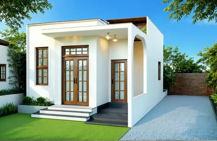 The house has 2 floors and 1 attic with a terrace. tall and narrow, modern design, steel gate and wooden details in harmonious color combination to flatter the eye. The outside is painted white, the front wall has many curves. Mix 6 outstanding colors w...