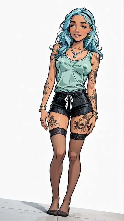 Solo, 1girl, High Resolution, Long Hair, medium Breasts, Blush, lightblue hair, white background, manga Style, naughty look, no headwear, full body, wedding hairstyle, bracelets, earrings, thigh tattoos, arm tattoos, High Details, dutch angle, dreamy, jewe...