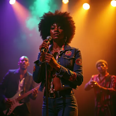 A hyper-realistic, cinematic color portrait of a 1970s soul diva mid-performance, standing center-stage in a haze of smoky, golden light. The singer—a stunning Black woman evoking Pam Grier in her prime, with full lips, piercing eyes, and an aura of magnet...