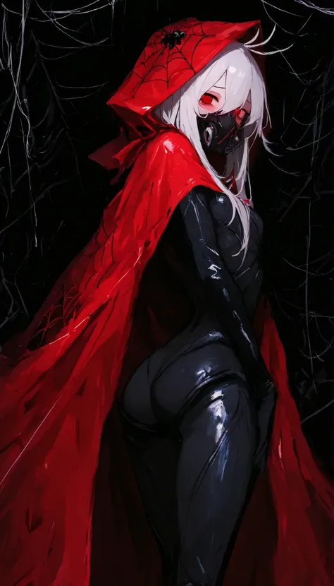 girl,white hair,long hair,in red eyes,Sharp eyes,medium chest,girlแมลง,slim, thin waist,Cyberบอดี้,black antenna,Tall,figure,black sleeve ,Spider web black widow,Insect Mask, Assassin,,Black Armor,black sleeve ,Insect Eye ,,Half an insect,In multi-layered ...