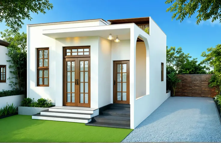The house has 2 floors and 1 attic with a terrace. tall and narrow, modern design, steel gate and wooden details in harmonious color combination to flatter the eye. The outside is painted white, the front wall has many curves. Mix 6 outstanding colors w...