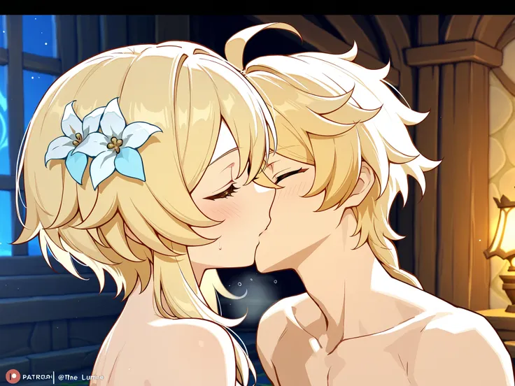 1 girl only, The traveler Lumine and the traveler Aether, from the video game Genshin Impact, Kissing each other