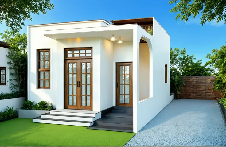 The house has 2 floors and 1 attic with a terrace. tall and narrow, modern design, steel gate and wooden details in harmonious color combination to flatter the eye. The outside is painted white, the front wall has many curves. Mix 6 outstanding colors w...