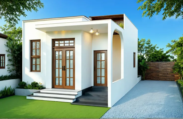 The house has 2 floors and 1 attic with a terrace. tall and narrow, modern design, steel gate and wooden details in harmonious color combination to flatter the eye. The outside is painted white, the front wall has many curves. Mix 6 outstanding colors w...