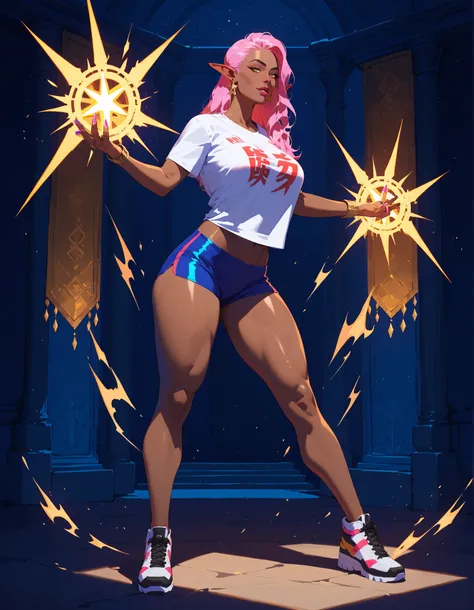 score_9, score_8_up, score_7_up, score_6_up, score_5_up, score_4_up, (masterpiece, best quality:1.2), highly detailed, illustration, mature woman, elf ears, pink hair, dark tan skin, athletic body, full body, heavy metal band T-shirt, , all-stars shoes, el...