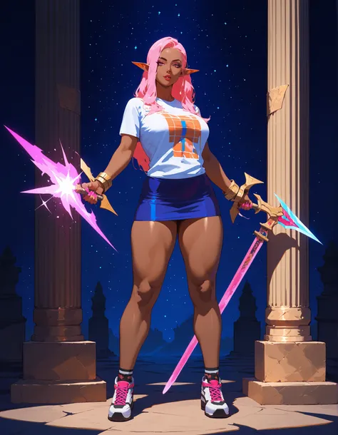 score_9, score_8_up, score_7_up, score_6_up, score_5_up, score_4_up, (masterpiece, best quality:1.2), highly detailed, illustration, mature woman, elf ears, pink hair, dark tan skin, athletic body, full body, heavy metal band T-shirt, , all-stars shoes, el...