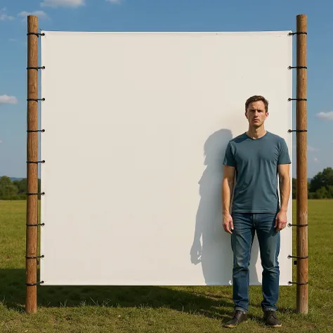 there is a man standing in front of a white screen in a field, portrait photo of a backdrop, large scale photo, non-illuminated backdrop, large format picture, large format photograph, giant scale, whitespace border, erik johansson style, huge scale, arran...