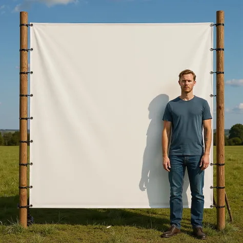 there is a man standing in front of a white screen in a field, portrait photo of a backdrop, large scale photo, non-illuminated backdrop, large format picture, large format photograph, giant scale, whitespace border, erik johansson style, huge scale, arran...