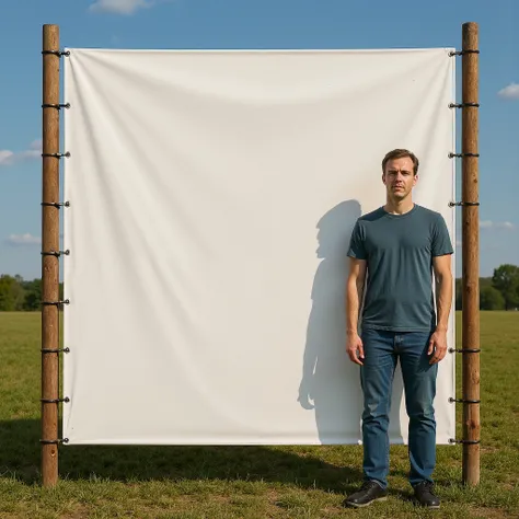 there is a man standing in front of a white screen in a field, portrait photo of a backdrop, large scale photo, non-illuminated backdrop, large format picture, large format photograph, giant scale, whitespace border, erik johansson style, huge scale, arran...