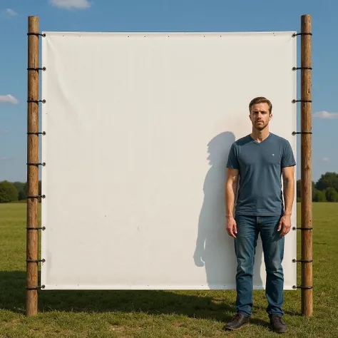 there is a man standing in front of a white screen in a field, portrait photo of a backdrop, large scale photo, non-illuminated backdrop, large format picture, large format photograph, giant scale, whitespace border, erik johansson style, huge scale, arran...