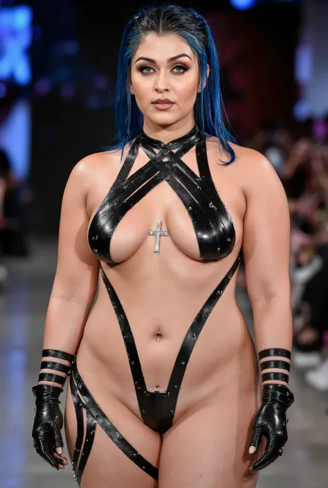 Full body photo of 50YO MATURE MILF AISHWARYA RAI as (((BIMBO MATURE MILF MODEL))), (((FLIRTATIOUS MOCKING STARE))), (((HEAVY SMOKY EYES MAKEUP WITH ((JESUS CROSS CHOKER)) IN NECK))), (((BLUE COLOURED DRENCHED WET HIGH PONYTAIL hair))), ((MINIMAL BLACK TAP...