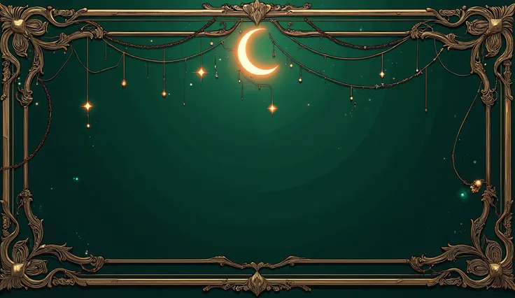 Frame Description: A sleek rectangular frame with smooth edges and thin borders, featuring a soft gradient of emerald green to gold. A tiny glowing crescent moon sits at the top center. Subtle wisps of light trail downward, with a polished metallic sheen, ...