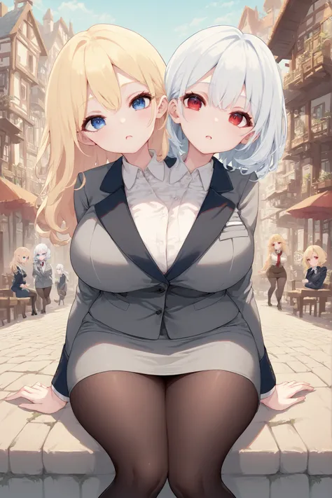 conjoined, 2girls, 2heads, two heads, a tall thin girl with 2 heads, ( blonde hair, blue eyes, ) ( white hair, red eyes, ) grey suit, grey pencil Skirt, black pantyhose, large breasts, front shots, sitting, town