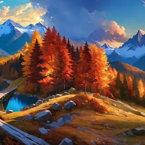 autumn landscape, fantasy, digital painting style, realistic shadows, iray, autumn forests, detailed mountains, (cold autumn evening:1), twilight, 8k, 16k, highly Detailed, clear sky, fogless, masterpiece, Panorama, wide shot, outdoor, highres, absurdres, ...