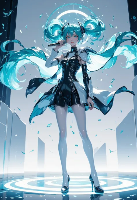 Hatsune Miku stands on a minimalist music festival stage, turquoise twin-tails flowing in dynamic motion. She wears her signature black futuristic dress with crisp white armor detailing. The right hand grips a sleek silver microphone, left hand extended gr...