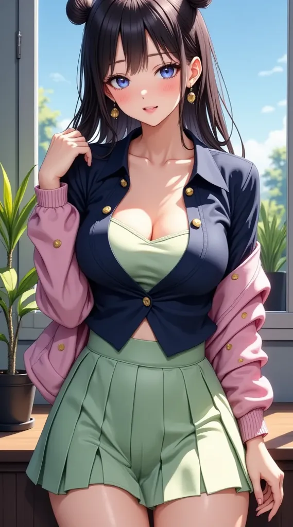  (masterpiece,  computer, mejor quality,  Clear focus, shadow, anime style, Ultra High Resolution, 8K, Perfect anatomy, rostro perfecto, (detailed face), (  Detailed eye  ), score_9, score_8_up, score_7_up, score_6_up, score_5_up, score_4_up,  source _Animated, Label 1, Label2, quality_masterpiece, anatomically correct, beautiful face, rostro perfecto, Beautiful and highly detailed face and eyes, Attractive face, detailed face, delicate facial features, detailed leather, huge breasts, breast size cup D or DD, caderas anchas, gigantic butt texture, thick thighs. Anime style illustration with a sensual and charming appearance of attractive appearance, casually in front of a window illuminated by daylight. has long hair, straight and black with a brown tuft, big, bright blue, fair skin and flushed cheeks. She wears a tight navy blue long-sleeved blouse with gold buttons, slightly open at the neckline, revealing a light green top underneath. She wears a pink jacket with yellow dots draped over her shoulders. Your skirt is short, pleated and pastel green, And she wears dark tights. The expression on her face is sweet and calm,  with a slight smile . The scene has a detailed and luminous art style, blurred background with a blue sky and a potted plant sitting near her.