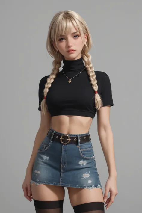 score_9, score_8_up, score_7_up, 1 blond-haired girl with braids  and bangs, wearing a turtleneck crop top, black stockings, a cropped denim skirt and a belt.