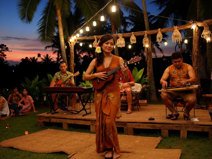 A vibrant, atmospheric scene of an ethnic music festival in Ubud, Bali, set at dusk, where the sky glows with a gradient of deep indigo and fiery orange, casting a warm, golden hue over the lush tropical surroundings. On a small, rustic wooden stage adorne...