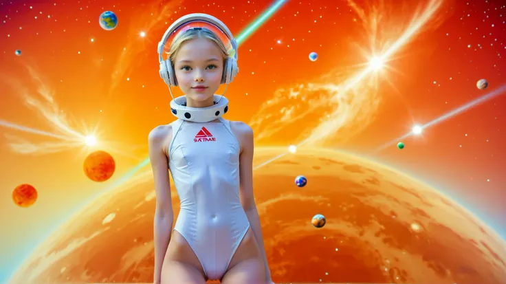 (very skinny girl: 1.0),(is a very young girl: 1.0), Beautiful girl, skinny girl, thin waist, wide hips,  Slender legs,  Very young face , flat chest, hip gap (camel paw: 1.2), Leotard,wearing white full-size headphones,in white knee socks , wearing a spac...