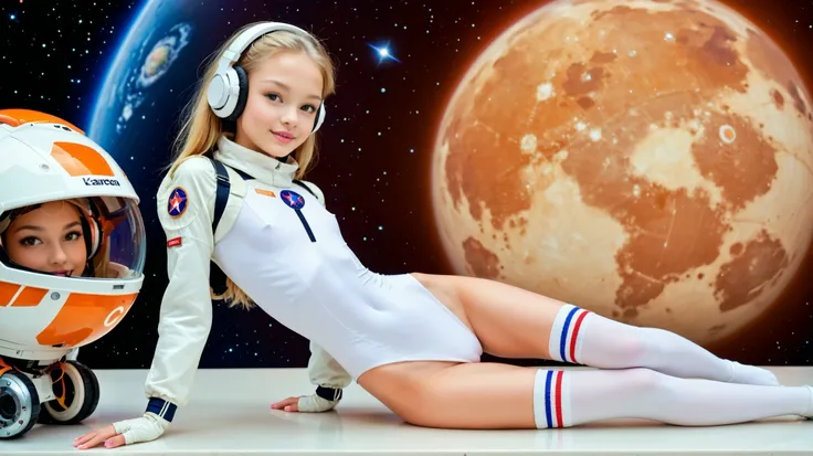 (very skinny girl: 1.0),(is a very young girl: 1.0), Beautiful girl, skinny girl, thin waist, wide hips,  Slender legs,  Very young face , flat chest, hip gap (camel paw: 1.2), Leotard,wearing white full-size headphones,in white knee socks , wearing a spac...