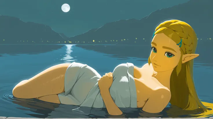 amazing quality,very aesthetic,absurdres,best quality,newest,masterpiece,4k resolution, absurdres, highres, detailed background, 
   1girl, princess zelda, blonde hair, pointy ears, botw, long hair, hair ornament, (thick thighs:0.6), white towel, night, la...