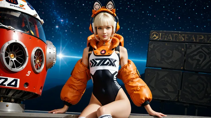 (very skinny girl: 1.0),(is a very young girl: 1.0), Beautiful girl, skinny girl, thin waist, wide hips,  Slender legs,  Very young face , flat chest, hip gap (camel paw: 1.2), Leotard,wearing white full-size headphones,in white knee socks , wearing a spac...