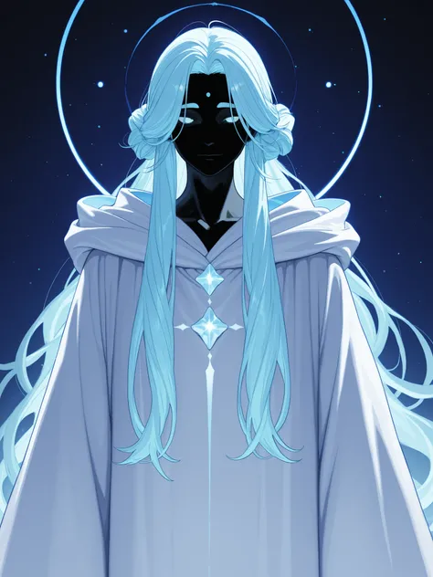 smaller body. loid ligma, black face, long light blue hair, different hairstyle. white and blue robes. Everything that is red becomes blue. Element: Eis