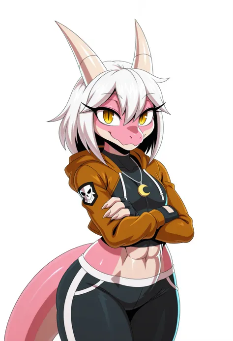 (solo), best quality, high resolution, absurdres, newest, BREAK, (plain white background), (adult), uploaded on danbooru, uploaded on e621, (by sssonic2:1.2), [by r-mk], (medium hair, straight white hair, hair between eyes, feathered bangs), (pink body, ko...