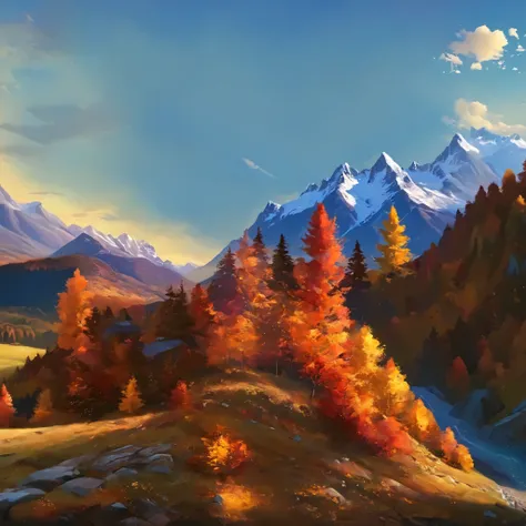 beautiful lively autumn landscape, fantasy, digital painting style, realistic shadows, iray, autumn forests, detailed mountains, (cold autumn evening:1), twilight, 8k, 16k, highly Detailed, clear sky, fogless, masterpiece, Panorama, wide shot, outdoor, hig...