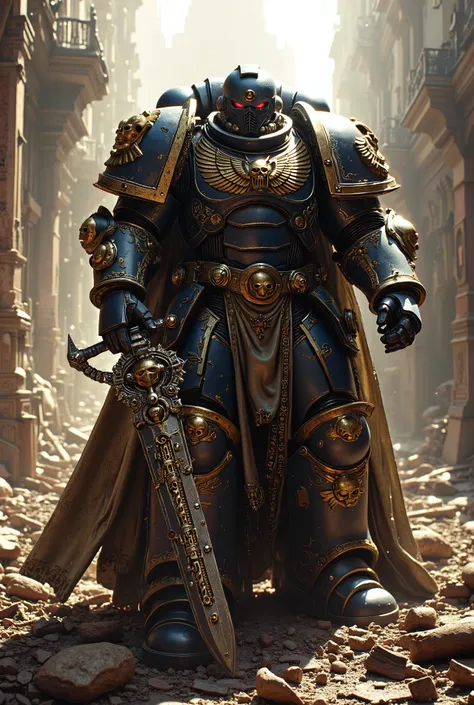 The hyper detail, fighting stance, Greek style Astartes, armed supperhero, the astartes Batman with metallic, Strengthen Warhammer 40k space marine inspired power armor, the cloak, the face mask, golden emblem on chest, detail decoration chain sword, the m...