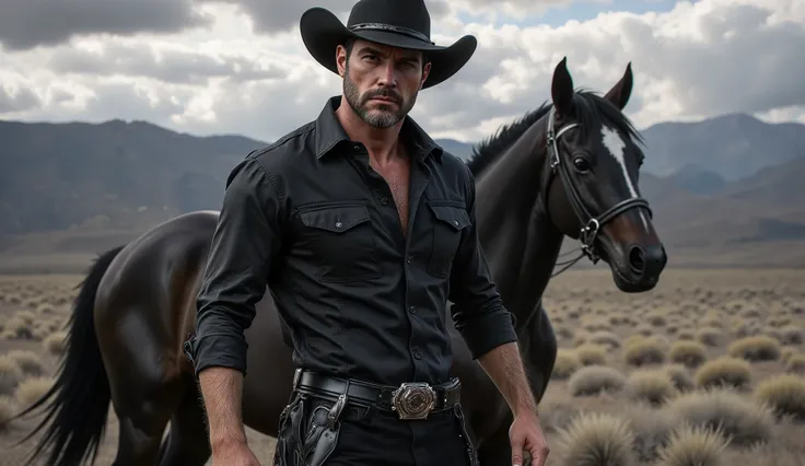 A young and attractive cowboy black shirt black pants black boots and hat black belt, cinematic black horse for an authentic Wild West feel.
