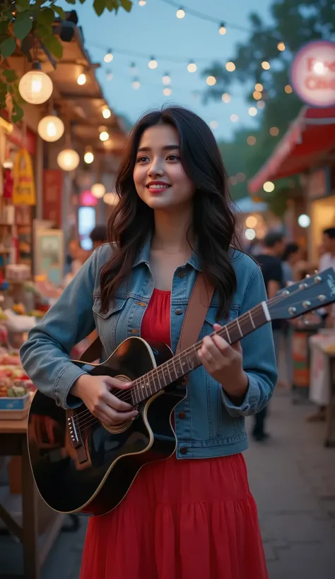 🎥 Prompt 2: Colorful Street Market at Twilight – Indie Spirit Scene: A vibrant street market in the evening, twinkling fairy lights above, colorful stalls around, lively but romantic atmosphere. Outfit: indian girl rocks a trendy denim jacket over a soft c...