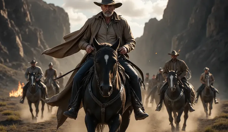 "A hyper-realistic cinematic wide shot of an older rugged cowboy riding a powerful black horse through a dusty canyon at twilight, captured in a 16:9 aspect ratio. The cowboy has a weathered face, gray beard, piercing eyes, and wears a worn leather jacket ...