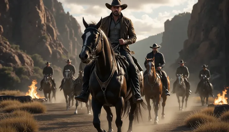 A hyper-realistic cinematic shot of a rugged cowboy riding a powerful black horse through a dusty canyon at dusk, captured in a 16:9 aspect ratio. The cowboy has a strong face, stubble, piercing eyes, and is wearing a worn leather jacket and a classic wide...