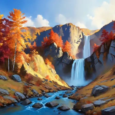 centered on waterfall, massive landscape, fantasy, digital painting style, realistic shadows, iray, massive autumn forests, detailed mountains, (cold autumn evening:1), twilight, 8k, 16k, highly Detailed, clear sky, fogless, masterpiece, Panorama, wide sho...