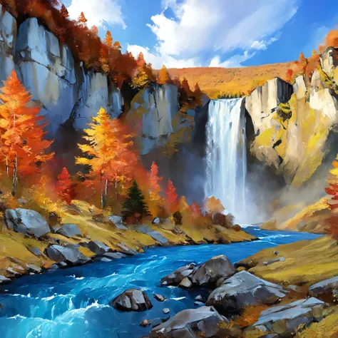 centered on waterfall, massive landscape, fantasy, digital painting style, realistic shadows, iray, massive autumn forests, detailed mountains, (cold autumn evening:1), twilight, 8k, 16k, highly Detailed, clear sky, fogless, masterpiece, Panorama, wide sho...