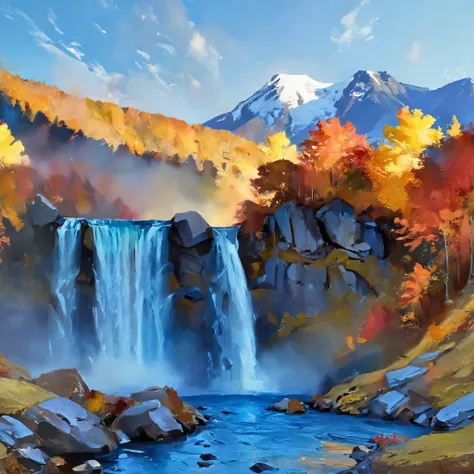 centered on waterfall, massive landscape, fantasy, digital painting style, realistic shadows, iray, massive autumn forests, detailed mountains, (cold autumn evening:1), twilight, 8k, 16k, highly Detailed, clear sky, fogless, masterpiece, Panorama, wide sho...